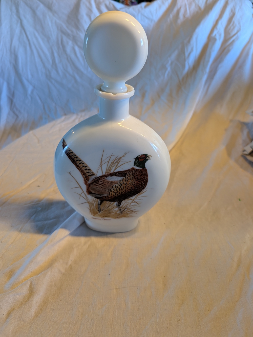 2/80$ Vintage White milk Glass Decanter with Pheasant Motif